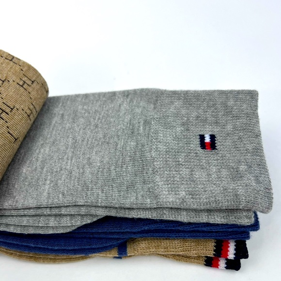 TOMMY HILFIGER,MEN’S DRESS CREW SOCKS, 4 PAIRS DECORATIVE TAN,GREY, BLUE 1 SIZE - Picture 11 of 16